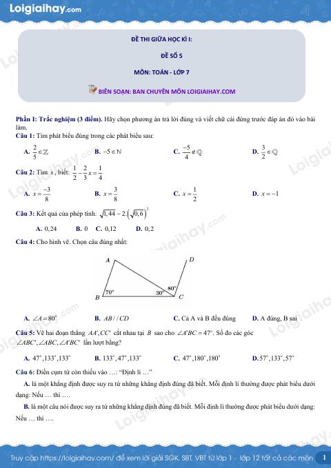 Đề thi giữa kì 1 Toán 7 - Đề số 5 - Kết nối tri thức